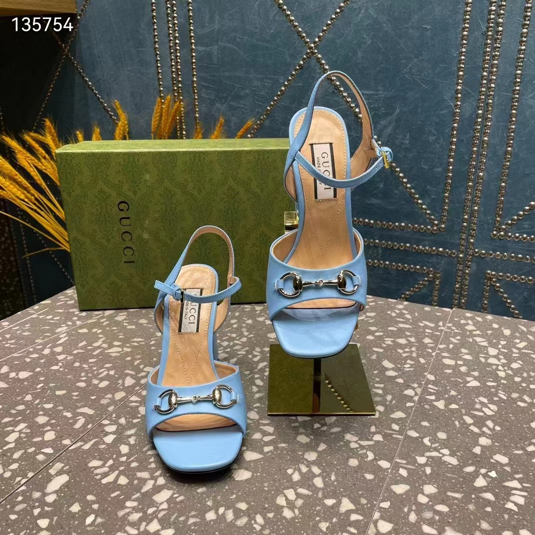 G*u*i women gg horsebit mid-heel sandal blue leather sole ankle buckle closure