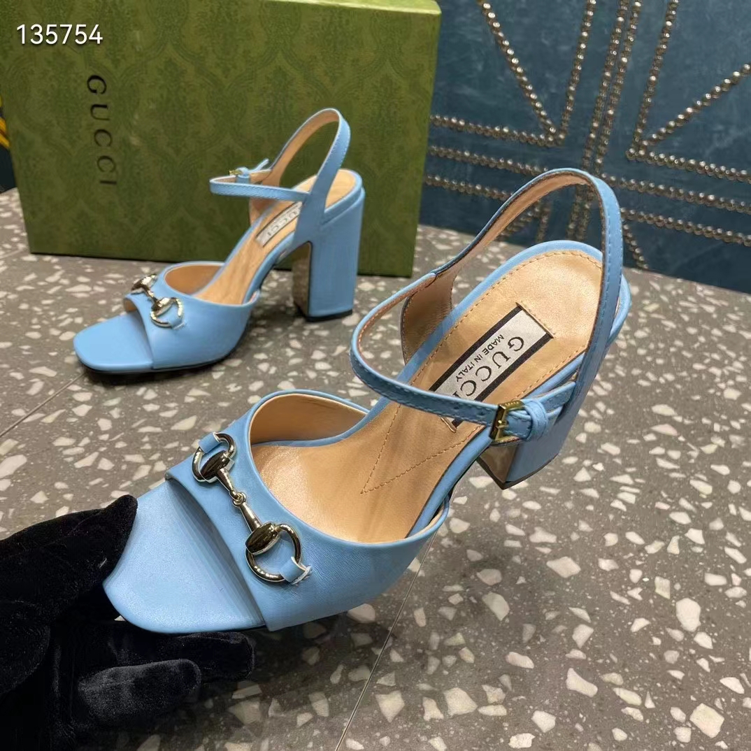G*u*i women gg horsebit mid-heel sandal blue leather sole ankle buckle closure
