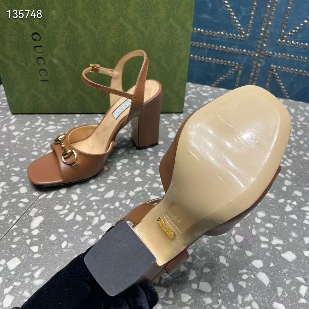 G*u*i women gg horsebit mid-heel sandal brown leather sole ankle buckle closure