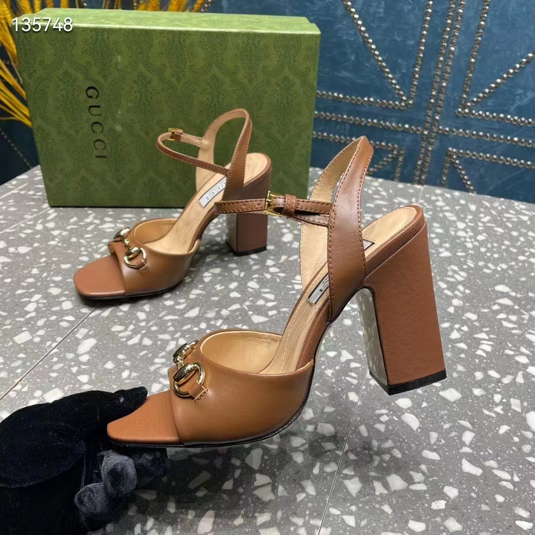 G*u*i women gg horsebit mid-heel sandal brown leather sole ankle buckle closure