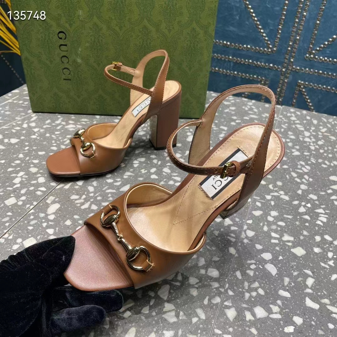 G*u*i women gg horsebit mid-heel sandal brown leather sole ankle buckle closure