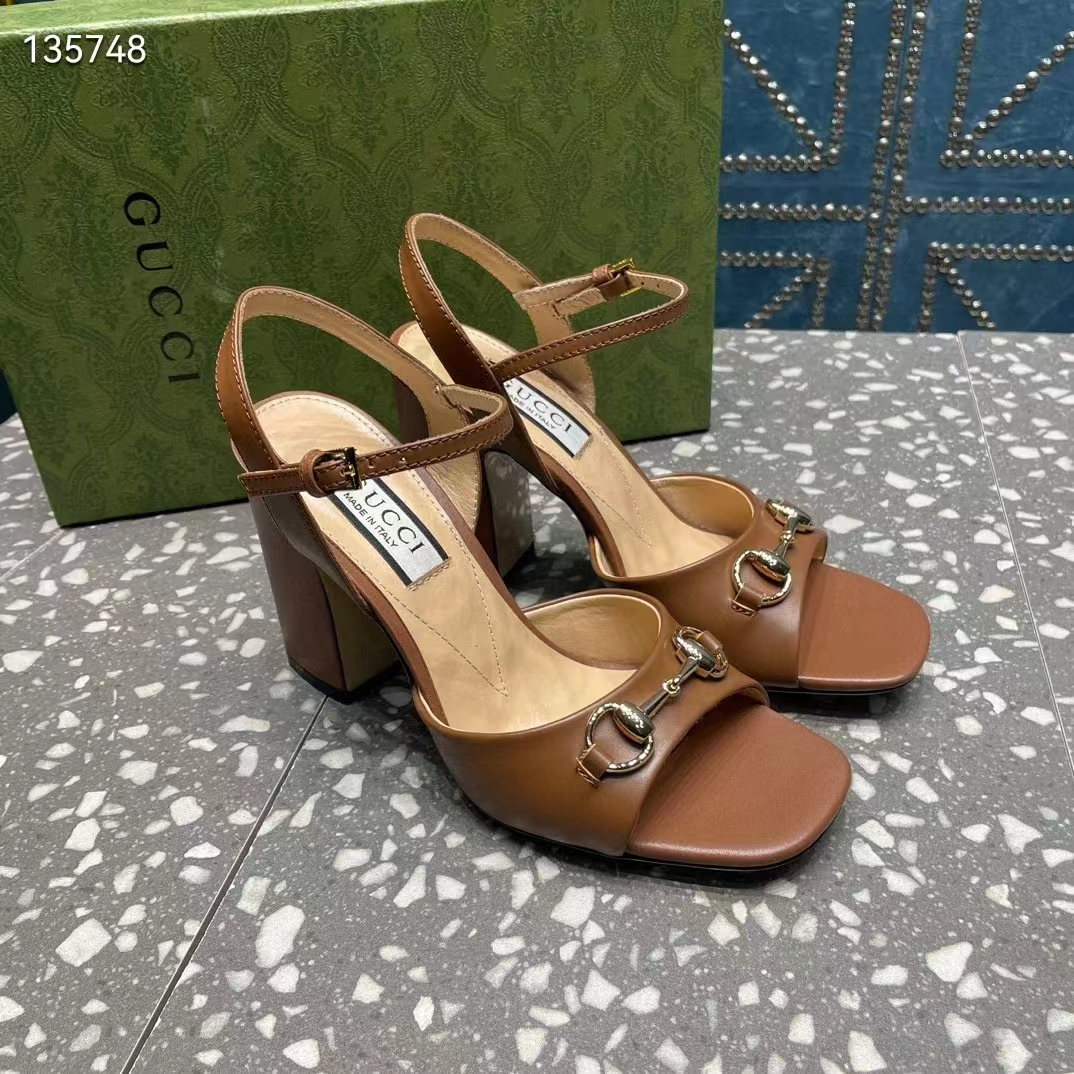 G*u*i women gg horsebit mid-heel sandal brown leather sole ankle buckle closure