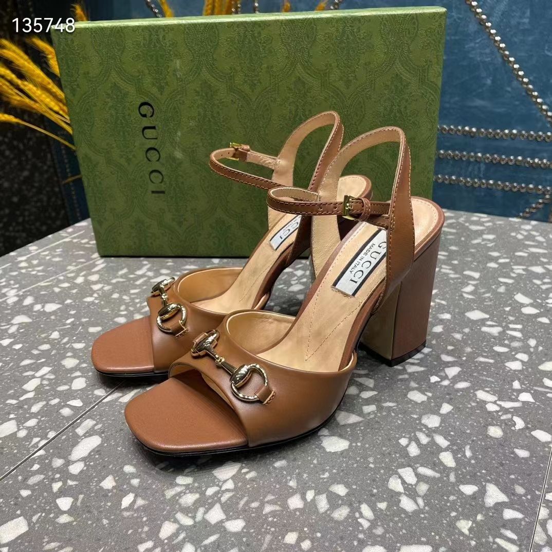 G*u*i women gg horsebit mid-heel sandal brown leather sole ankle buckle closure