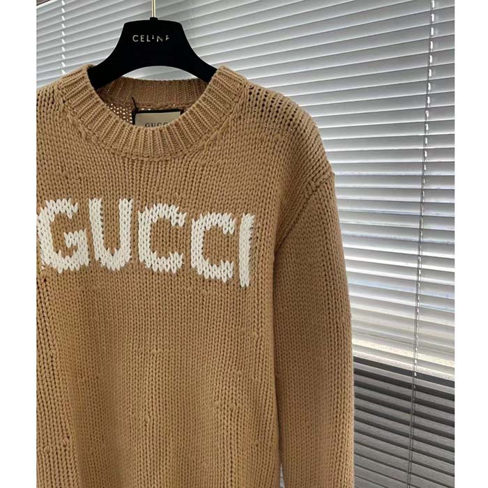 G*u*i men gg knit wool sweater G*u*i intarsia camel ivory crewneck long sleeves
