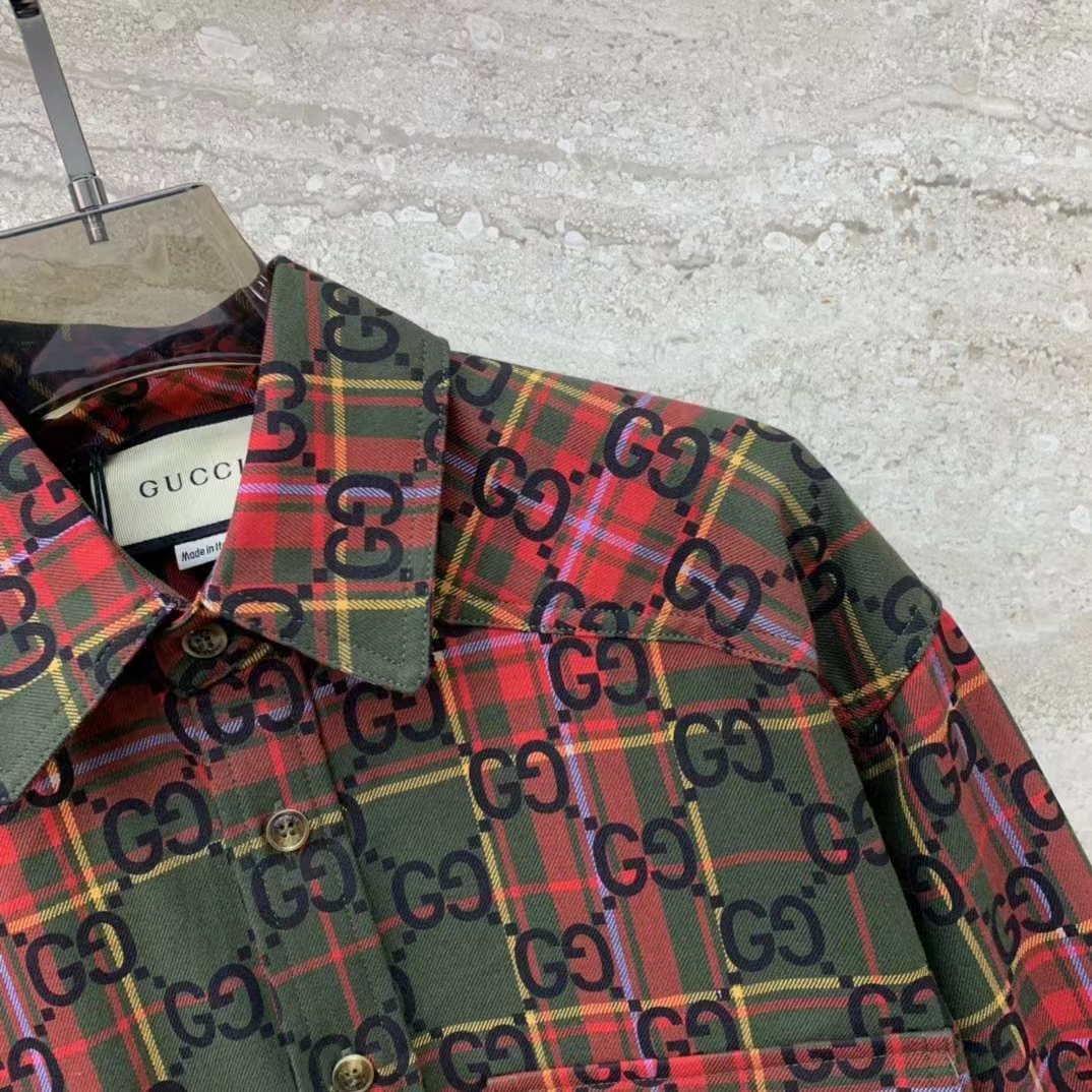 G*u*i women gg tartan wool shirt green red gg point collar long sleeves button cuffs