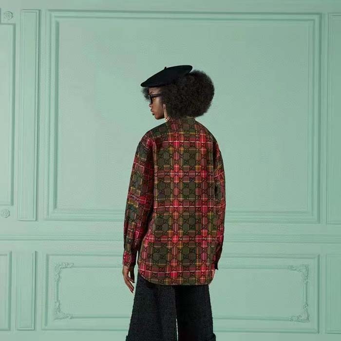 G*u*i women gg tartan wool shirt green red gg point collar long sleeves button cuffs