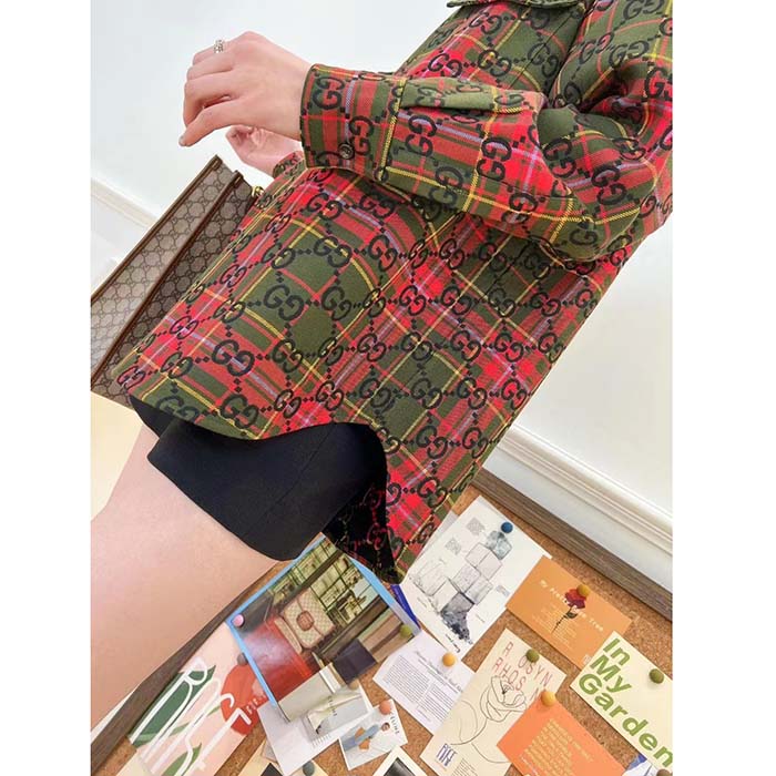 G*u*i women gg tartan wool shirt green red gg point collar long sleeves button cuffs