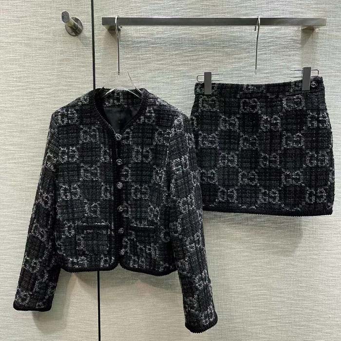 G*u*i women gg tweed skirt dark grey lined fitted waistband two side pockets mini length style ‎774516 zapa4 1074