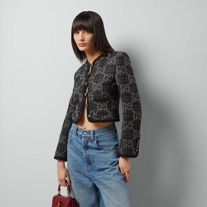 G*u*i women gg tweed jacket dark grey lined collarless two front pockets button closure style ‎761164 zapa4 1158