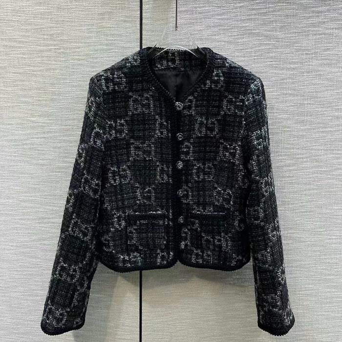 G*u*i women gg tweed jacket dark grey lined collarless two front pockets button closure style ‎761164 zapa4 1158