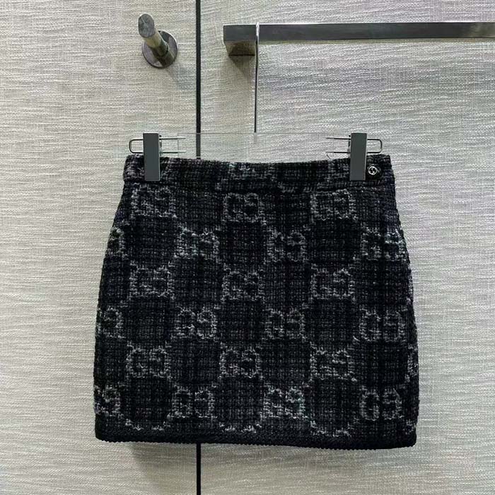 G*u*i women gg tweed skirt dark grey lined fitted waistband two side pockets mini length style ‎774516 zapa4 1074