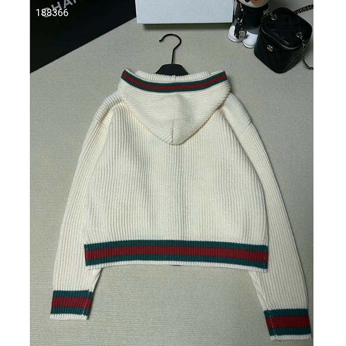G*u*i men rib stitch wool cardigan web fixed hood drawstring dropped shoulder long sleeves