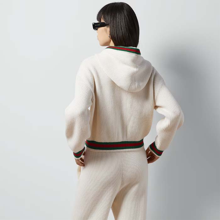 G*u*i women rib stitch wool cardigan web fixed hood drawstring dropped shoulder long sleeves