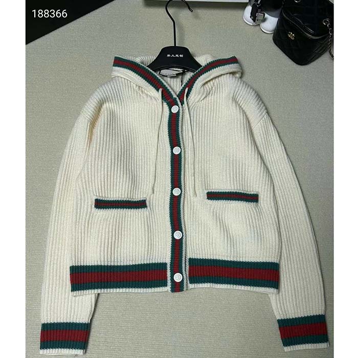 G*u*i men rib stitch wool cardigan web fixed hood drawstring dropped shoulder long sleeves