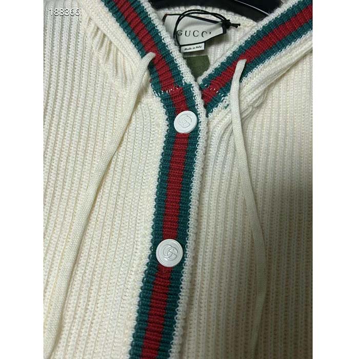 G*u*i men rib stitch wool cardigan web fixed hood drawstring dropped shoulder long sleeves