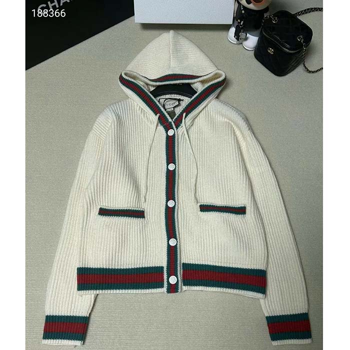 G*u*i men rib stitch wool cardigan web fixed hood drawstring dropped shoulder long sleeves