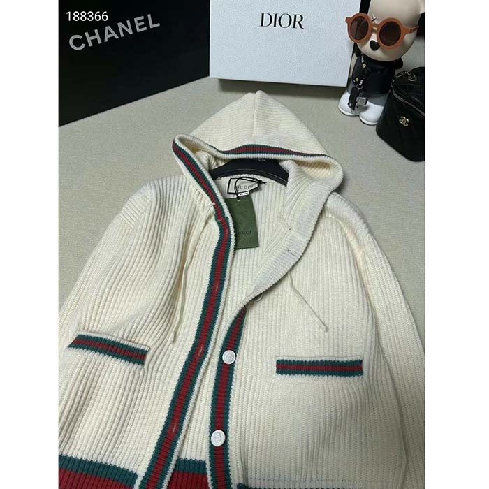 G*u*i men rib stitch wool cardigan web fixed hood drawstring dropped shoulder long sleeves