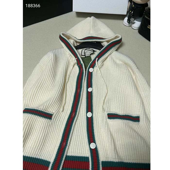 G*u*i men rib stitch wool cardigan web fixed hood drawstring dropped shoulder long sleeves