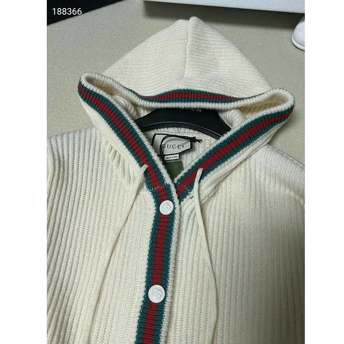 G*u*i men rib stitch wool cardigan web fixed hood drawstring dropped shoulder long sleeves