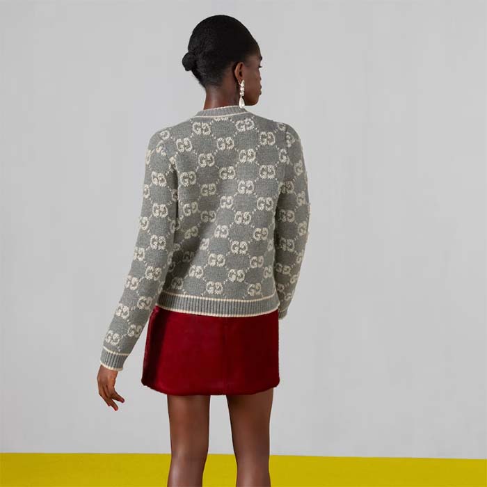 G*u*i women wool bouclé jacquard cardigan grey ivory gg crewneck long sleeves