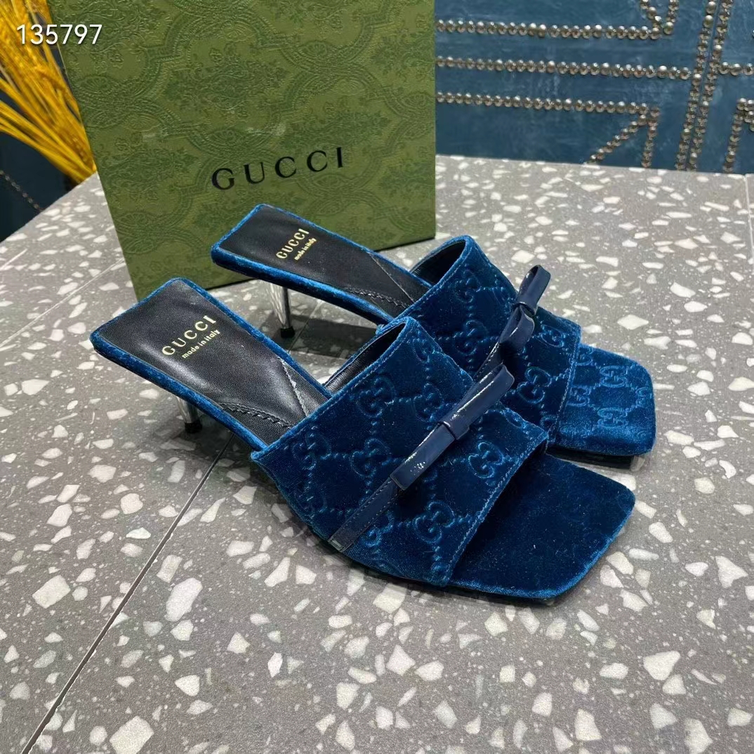 G*u*i women’s gg slide sandal blue gg velvet square toe low 4.3 cm heel