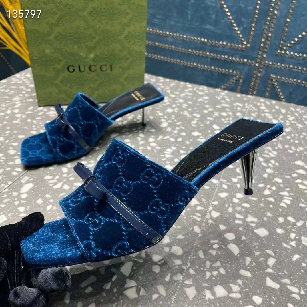 G*u*i women’s gg slide sandal blue gg velvet square toe low 4.3 cm heel