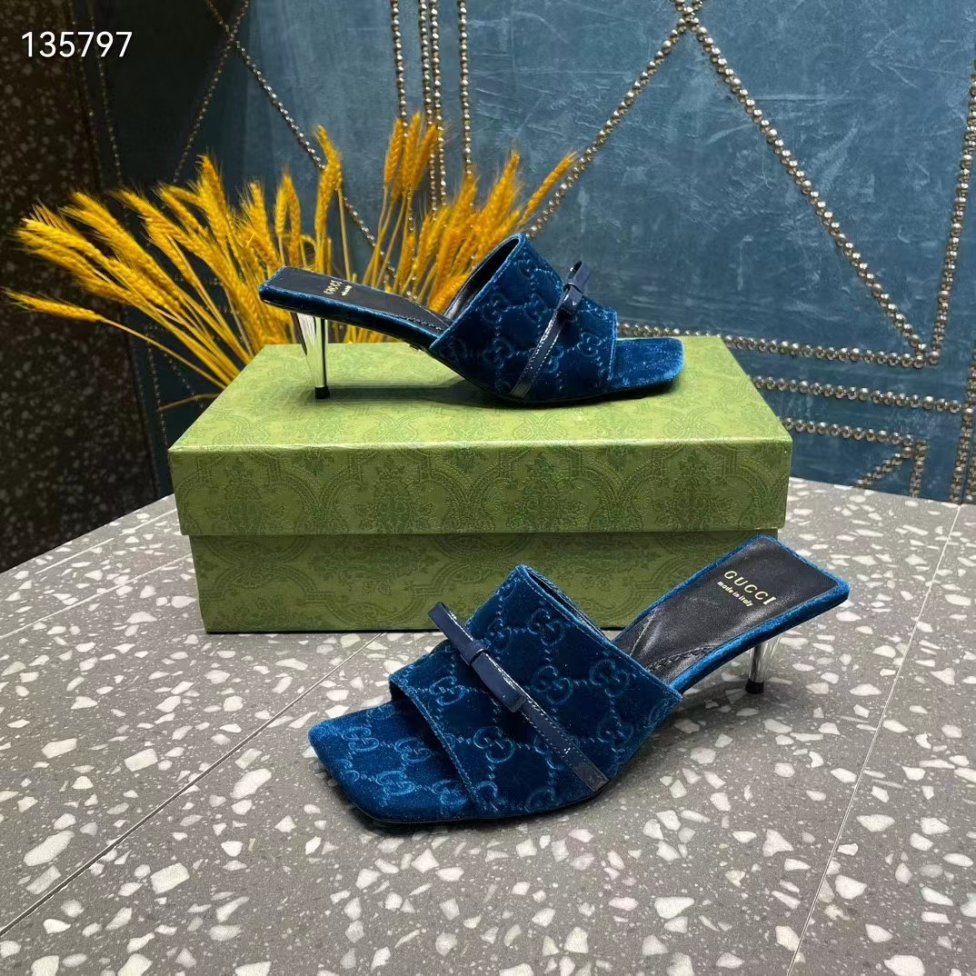 G*u*i women’s gg slide sandal blue gg velvet square toe low 4.3 cm heel