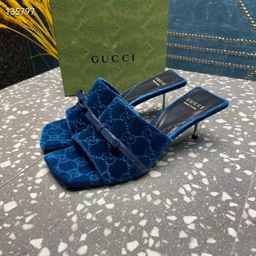 G*u*i women’s gg slide sandal blue gg velvet square toe low 4.3 cm heel