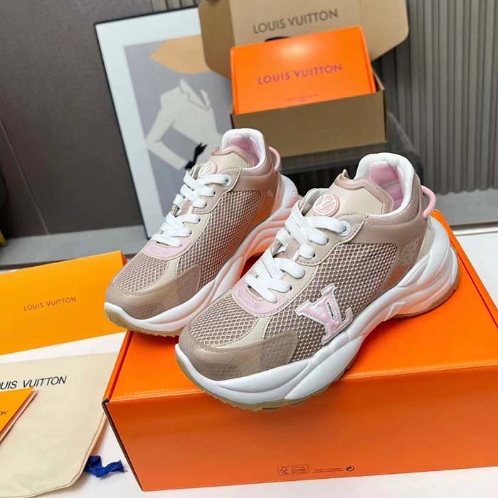Louis Vuitton LV Unisex Run 55 Sneaker Beige Mix Materials Lifted Rubber Outsole
