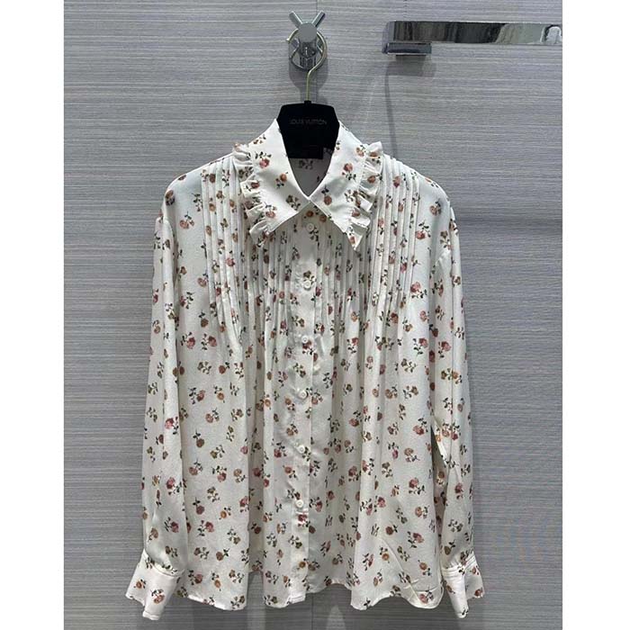 Louis Vuitton Women LV Floral Print Ruffle Collar Shirt Silk Milky White Regular Fit