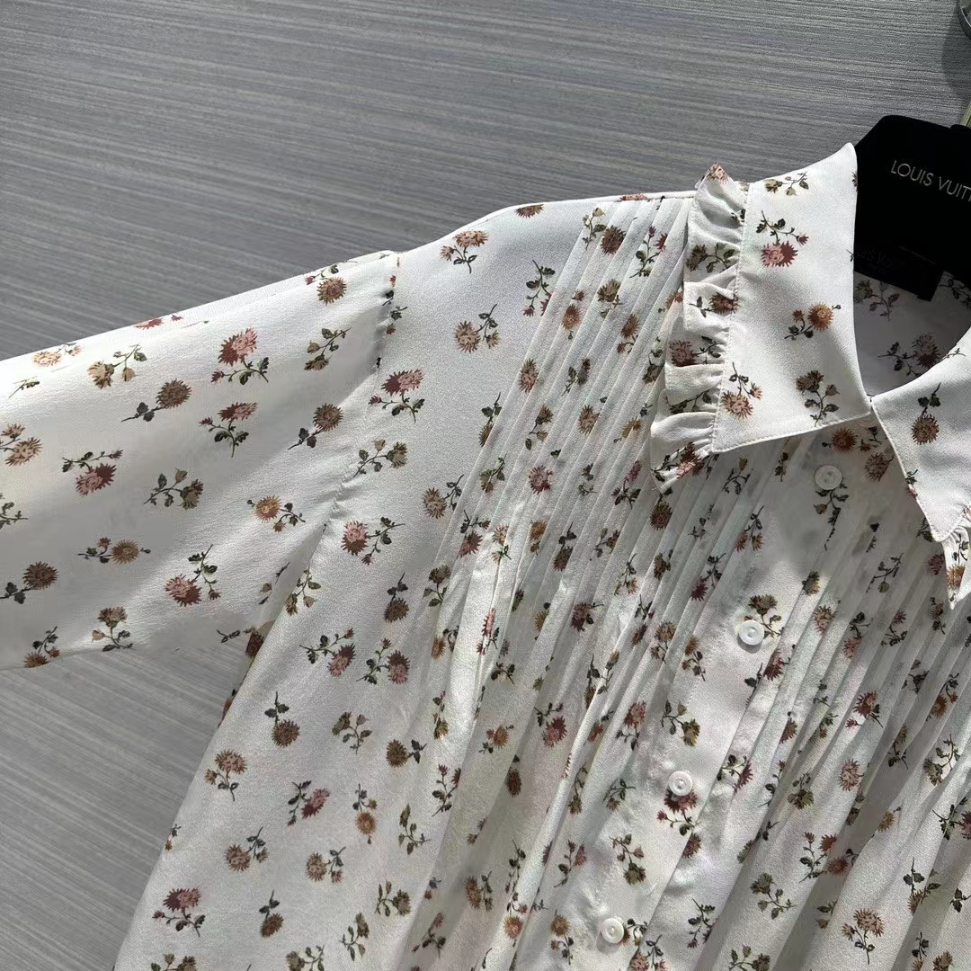 Louis Vuitton Women LV Floral Print Ruffle Collar Shirt Silk Milky White Regular Fit
