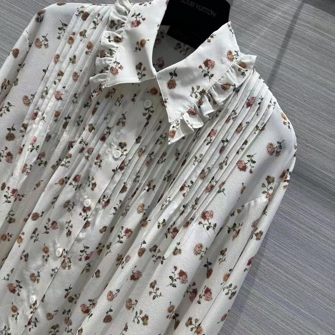 Louis Vuitton Women LV Floral Print Ruffle Collar Shirt Silk Milky White Regular Fit