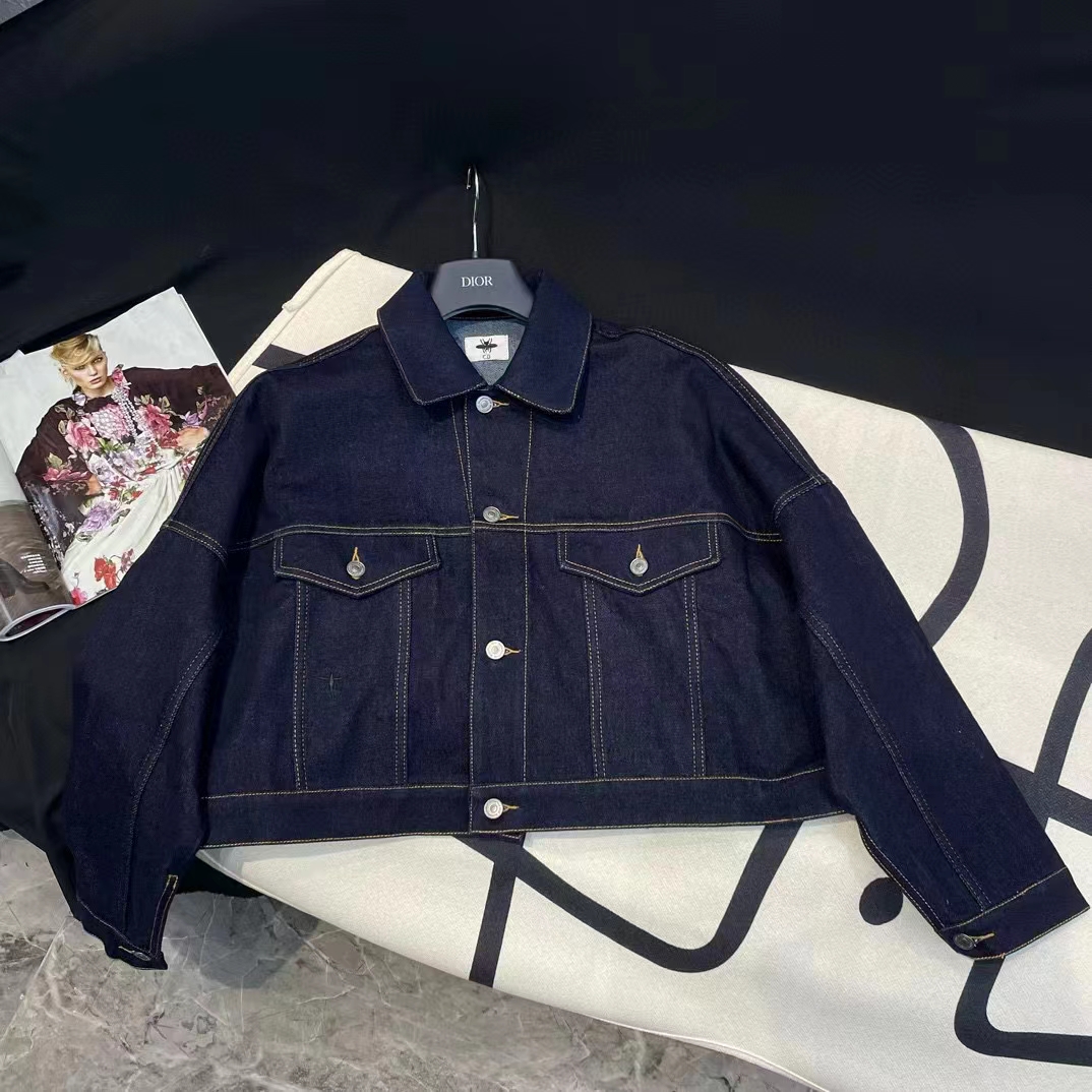 Dior Men CD Cropped Jacket Deep Blue Cotton Denim Bee Unlined