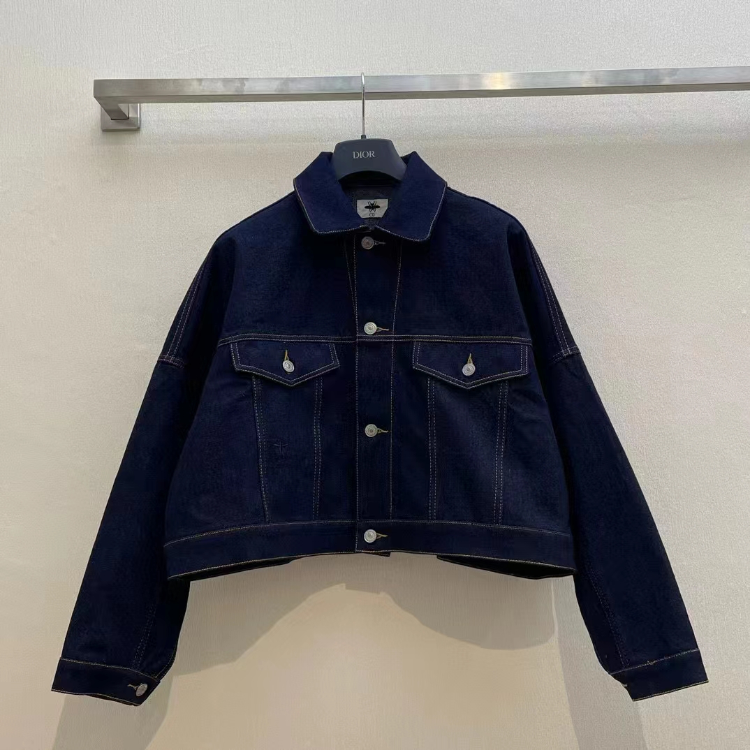 Dior Men CD Cropped Jacket Deep Blue Cotton Denim Bee Unlined