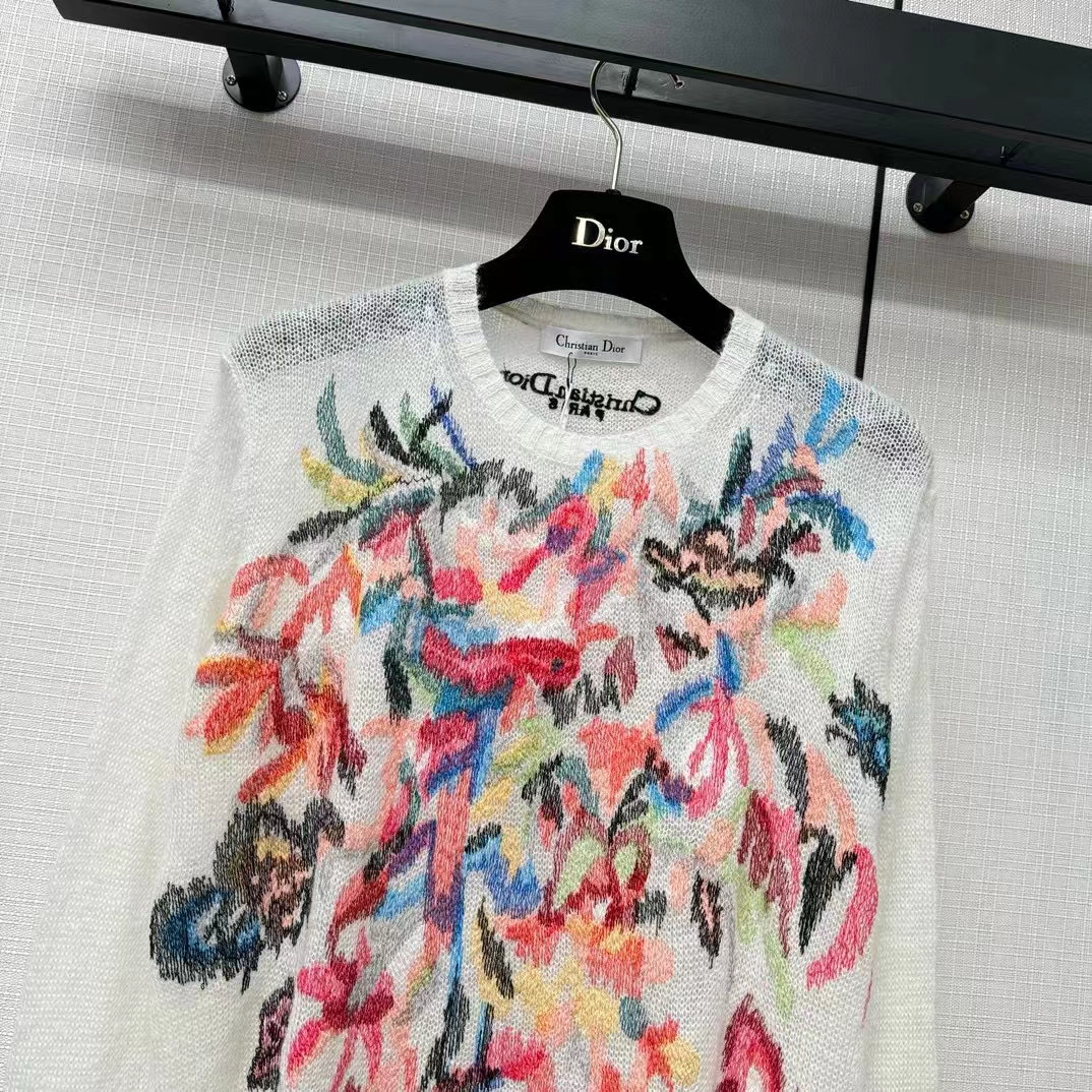 Dior Women CD Embroidered Sweater White Technical Mohair Alpaca Knit