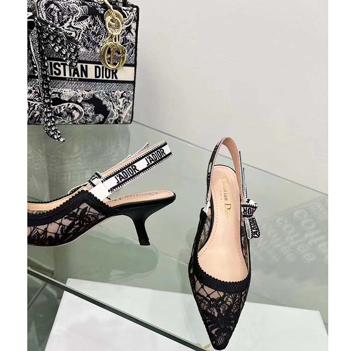 Dior Women CD J’Adior Slingback Pump Transparent Mesh Embroidered Black Butterfly Motif Reference: KCV038BYE_S900