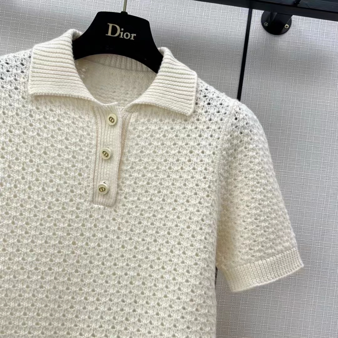 Dior Women CD Macrocannage Polo Shirt Ecru Alpaca Cashmere Silk Openwork Knit