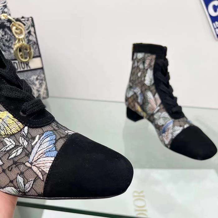 Dior Women CD Naughtily-D Ankle Boot Mesh Embroidered Black Butterfly Metallic Thread Suede Calfskin KCI979BMT_S26X