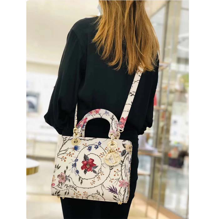 Dior Women CD Small Lady Dior Bag White Multicolor Calfskin Chinese Rose Print Embroidery