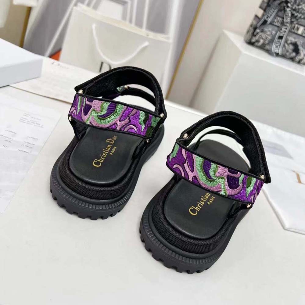 Dior Women D-Wave Sandal Black Multicolor Embroidered Cotton