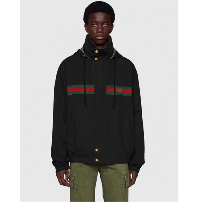 G*u*i gg men cotton jersey sweatshirt web black hooded fixed hood drawstring jacket