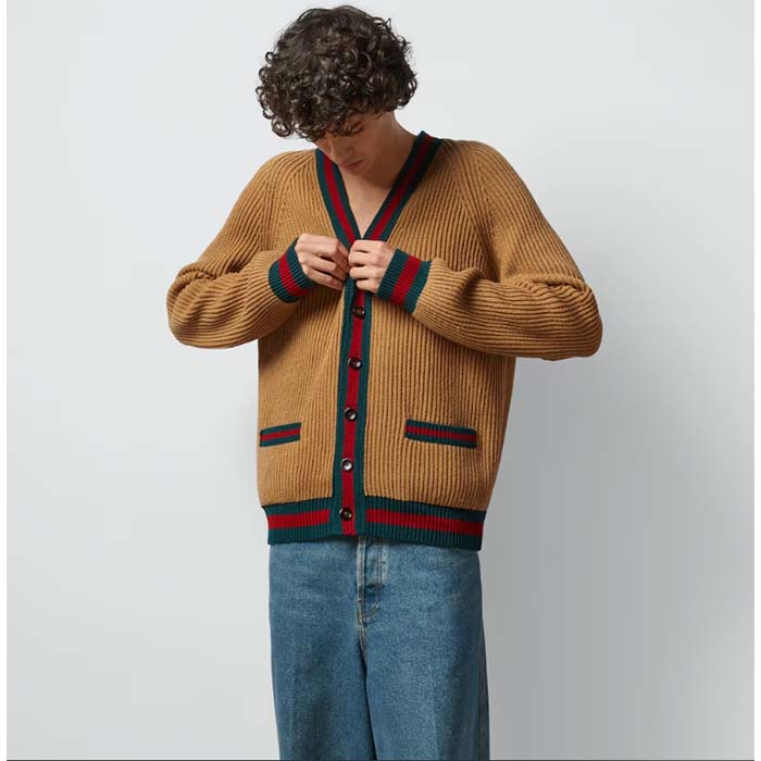 G*u*i men gg knit wool cardigan web v-neck long sleeves