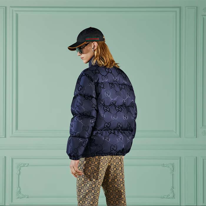 G*u*i men jumbo gg canvas down jacket blue nylon front zip pockets