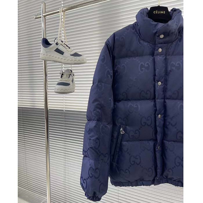 G*u*i women jumbo gg canvas down jacket blue nylon front zip pockets