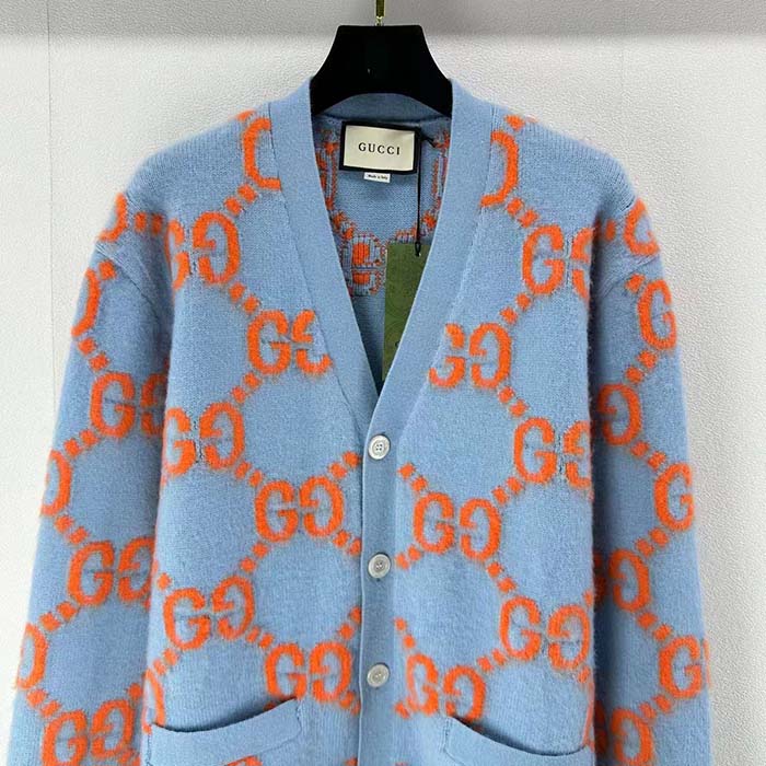 G*u*i men wool cardigan gg intarsia blue v-neck long sleeves