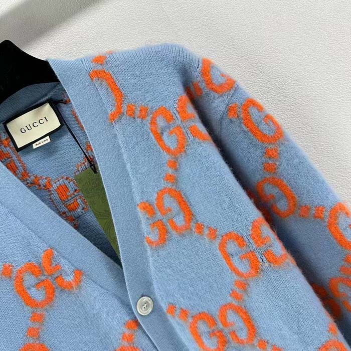 G*u*i men wool cardigan gg intarsia blue v-neck long sleeves