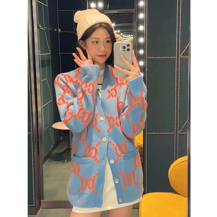 G*u*i women wool cardigan gg intarsia blue v-neck long sleeves