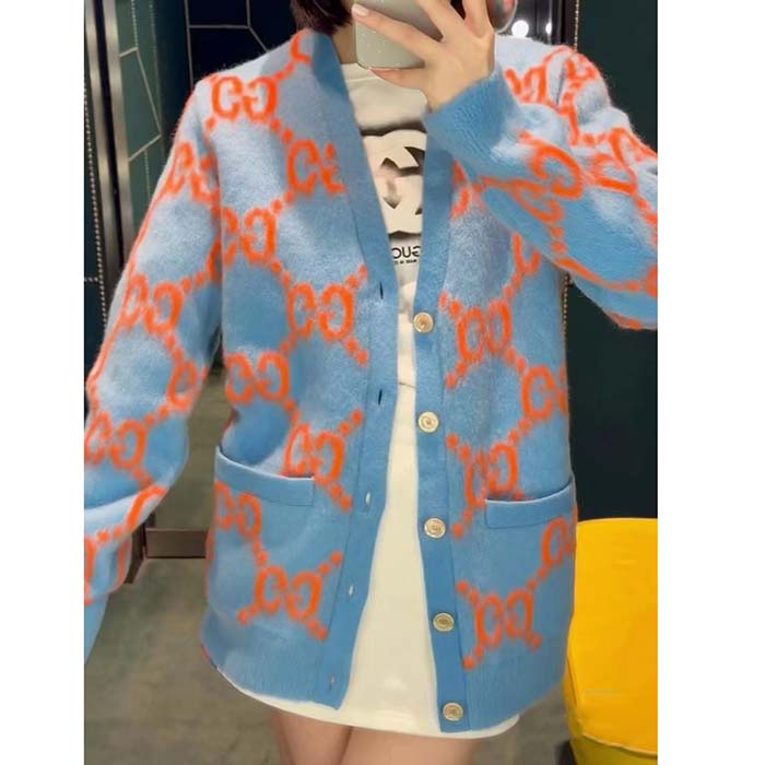 G*u*i women wool cardigan gg intarsia blue v-neck long sleeves