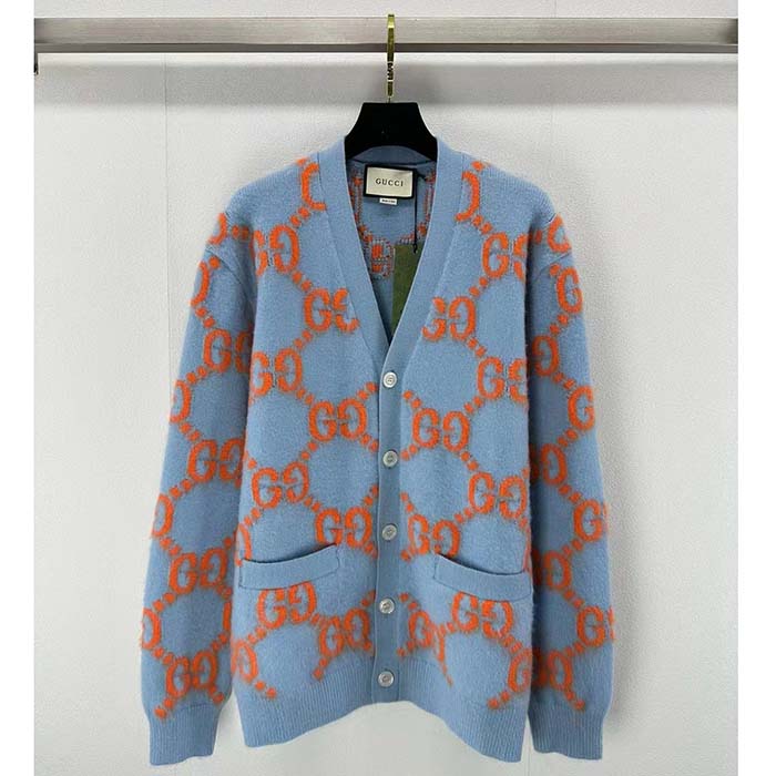 G*u*i men wool cardigan gg intarsia blue v-neck long sleeves