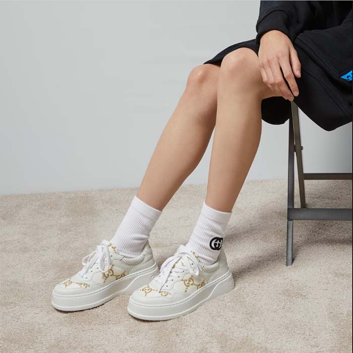 G*u*i unisex gg sneaker white leather lace-up mid-heel